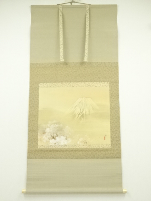 JAPANESE HANGING SCROLL / HAND PAINTED / MT FUJI & SAKURA / ARTIST WORK